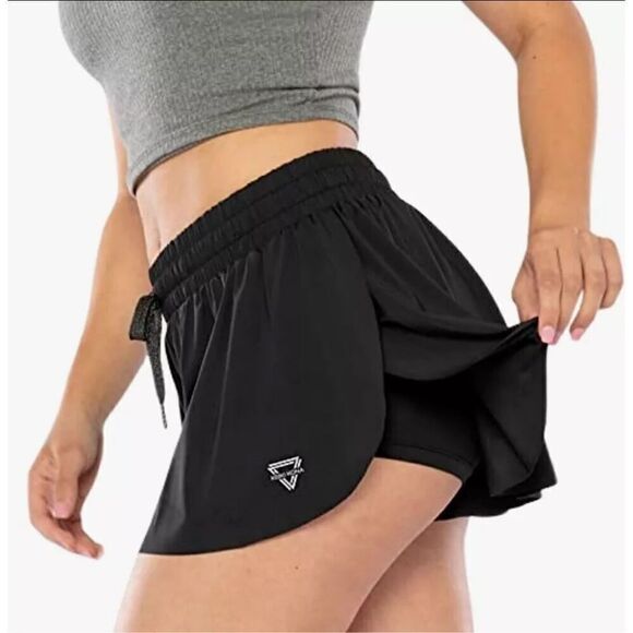 LUOGONGZI Women’s Large Black Shorts Layered Nylon Spandex Running Athletic Yoga - Picture 1 of 10